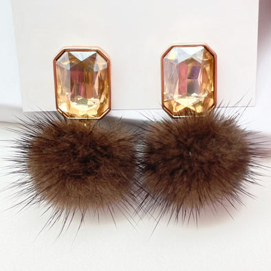 Crystal Pom Pom Earrings - Brown