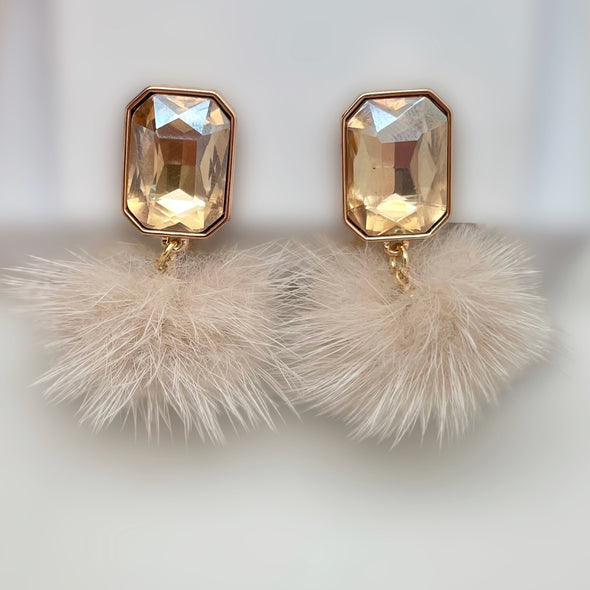 Crystal Pom Pom Earrings - Beige