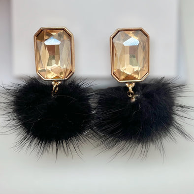 Crystal Pom Pom Earrings - Black