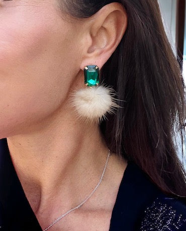 Crystal Pom Pom Earrings - Emerald