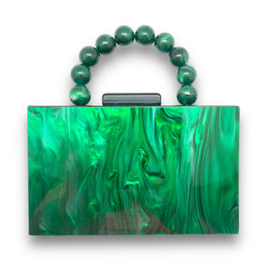 Beaded Handle Acrylic Box Clutch - Emerald
